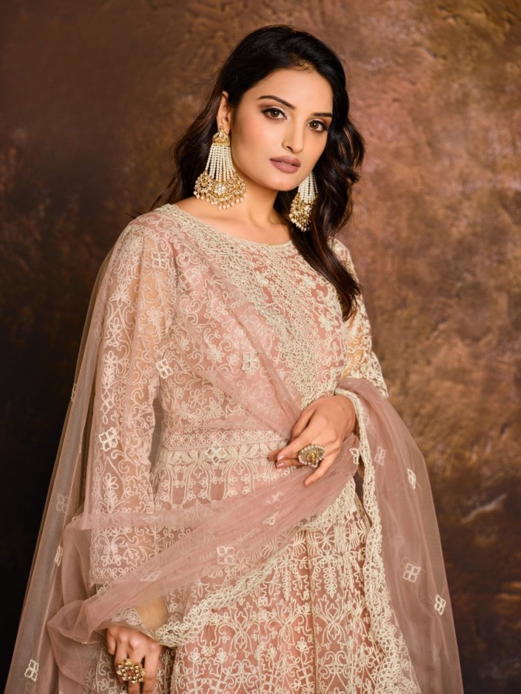 Anaita Peach Embroidered Net Anarkali Suit
