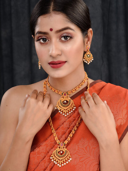 Saraf RS Jewellery Gold-Polished Red & Green Bridal Temple Jewellery Set