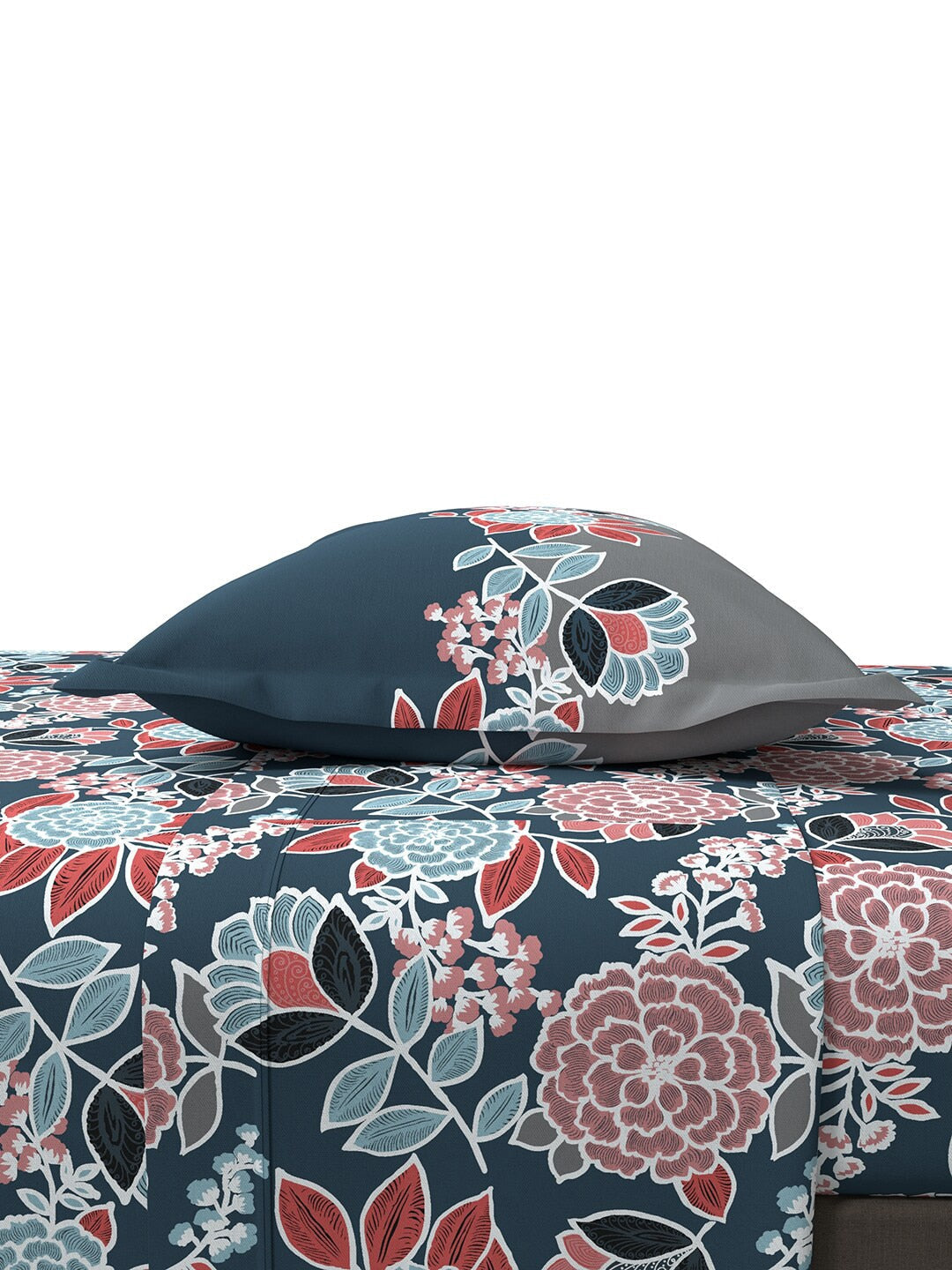 MYTRIDENT Blue Green Floral Cotton 144 TC Queen Bedsheet With 2 Pillow Covers