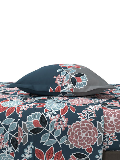 MYTRIDENT Blue Green Floral Cotton 144 TC Queen Bedsheet With 2 Pillow Covers