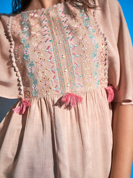 Sangria Beige Ethnic Motifs Embroidered Flared Sleeves A-Line Top
