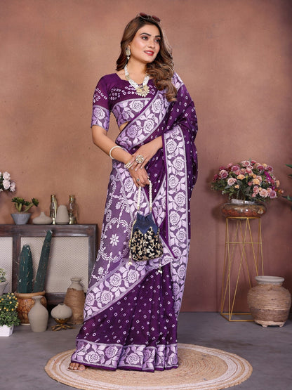 Anaita Dark Purple Handmade Bandhej Viscose Silk Saree With Blouse