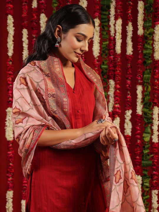 Anayna V-Neck Pure Cotton Straight Kurta with Palazzos & Dupatta