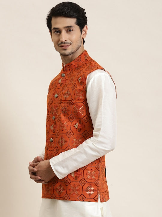 Sojanya Men Orange Ethnic Motifs Printed Nehru Jacket