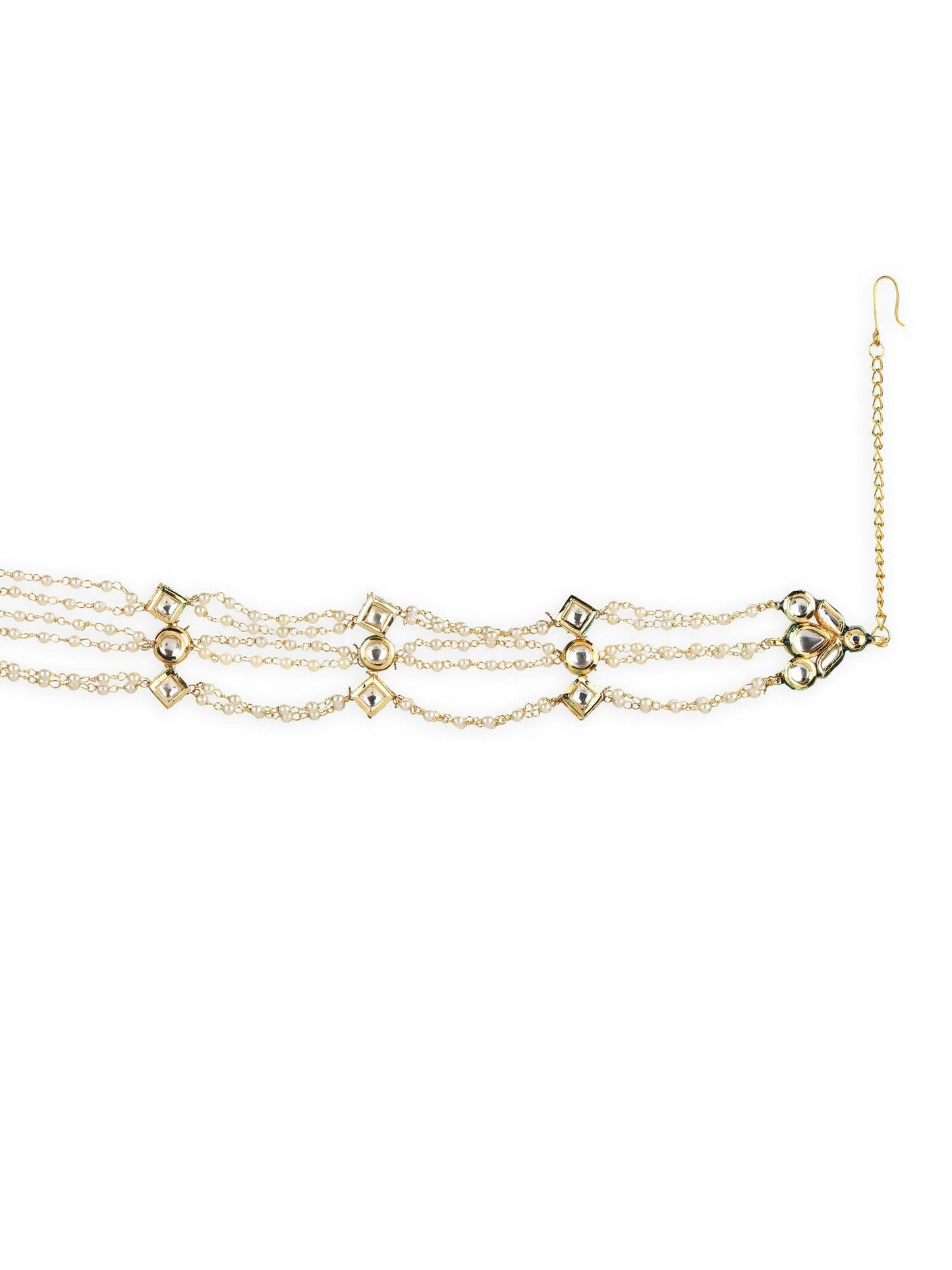 Gold-Polished White Kundan-Studded Pearl Head Chains - Ruby Raang