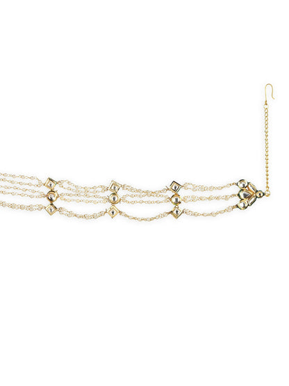 Gold-Polished White Kundan-Studded Pearl Head Chains - Ruby Raang