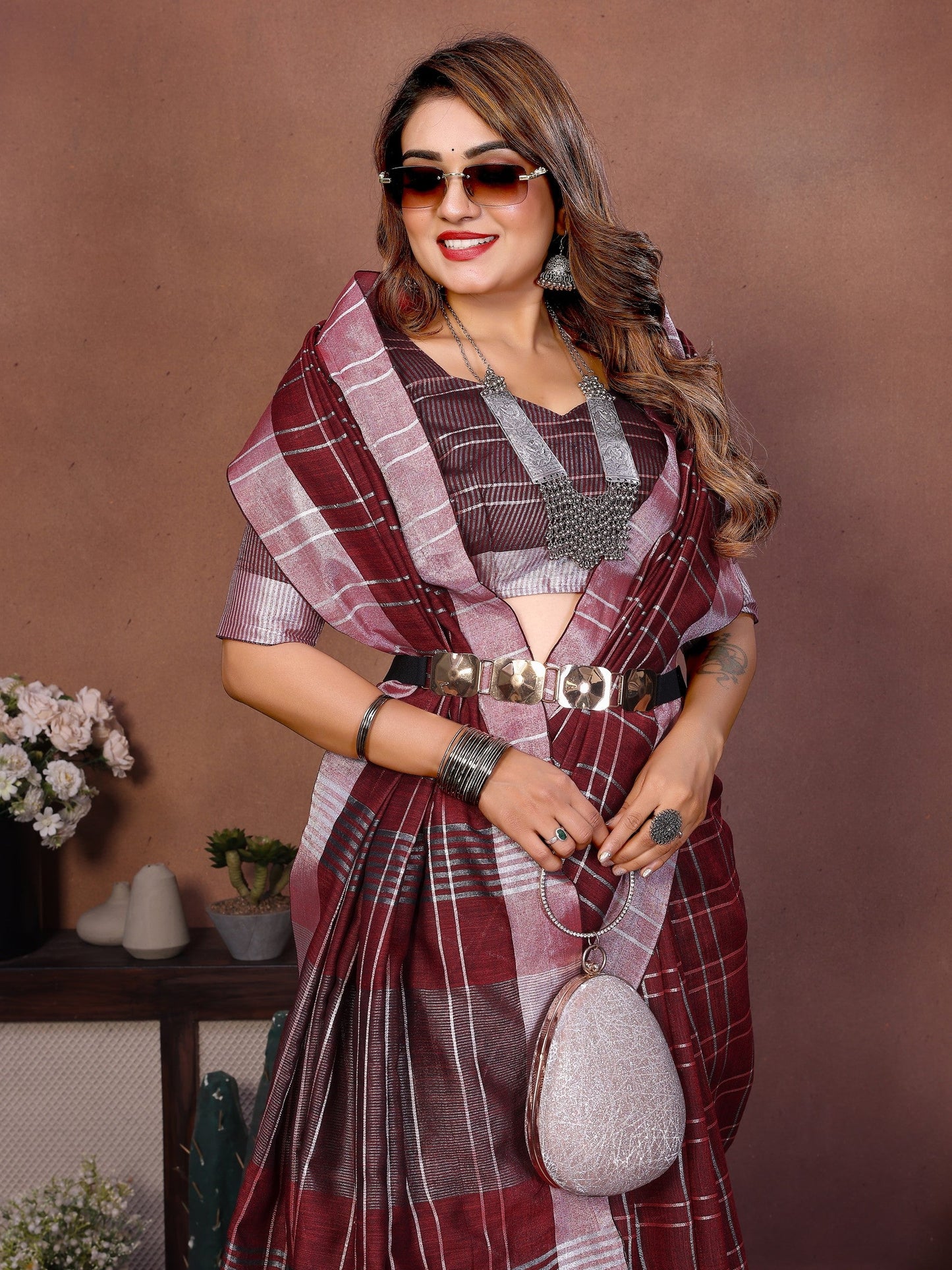 Anaita Maroon Weaving Linen Cotton Saree With Blouse