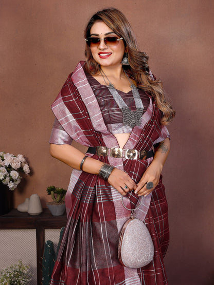 Anaita Maroon Weaving Linen Cotton Saree With Blouse