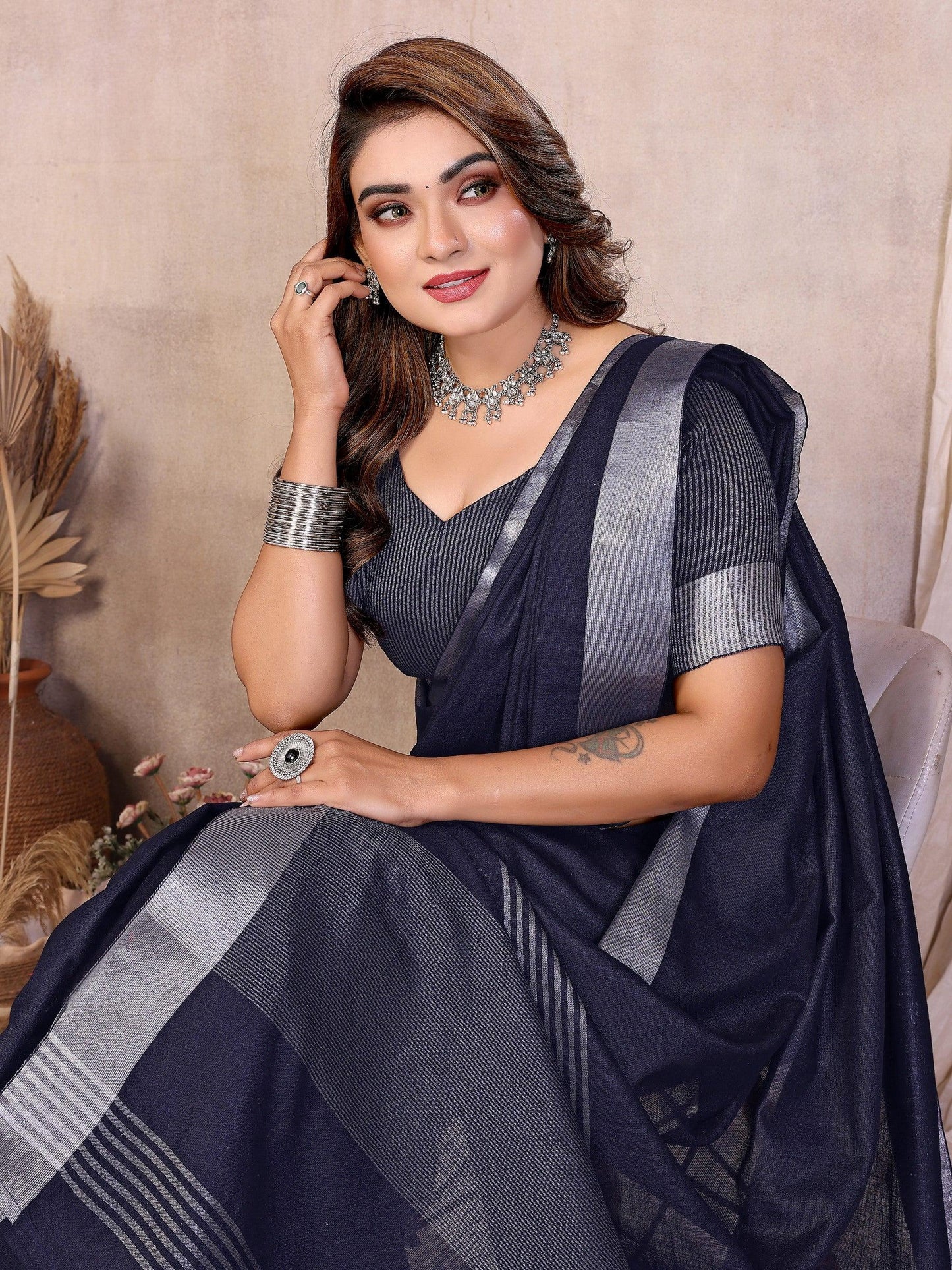 Anaita Teal Weaving Linen Cotton Saree With Blouse