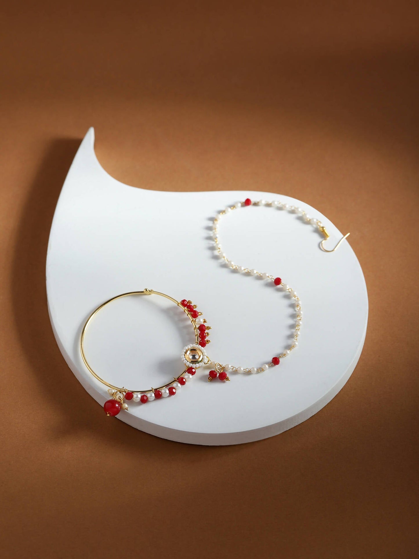 White Red Gold-Polished Kundan-Studded Beaded Nosepin - Ruby Raang