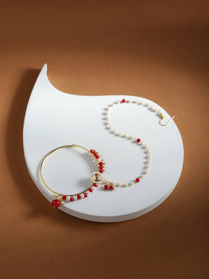 White Red Gold-Polished Kundan-Studded Beaded Nosepin - Ruby Raang