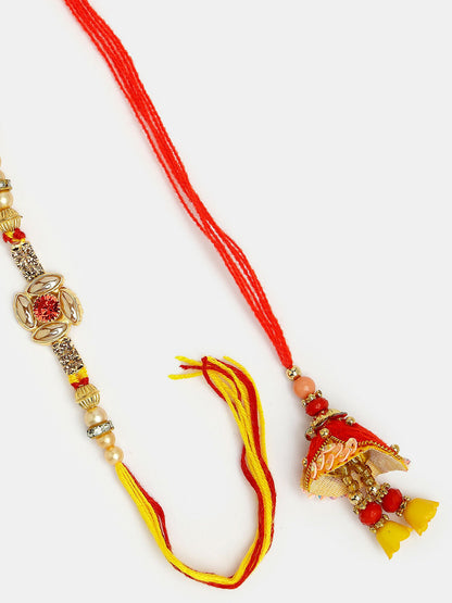 NVR Women & Men Set of 2 Red & Gold-Toned Stone-Studded Bhaiya Bhabhi Rakhi With Roli Chawal & Chocolate