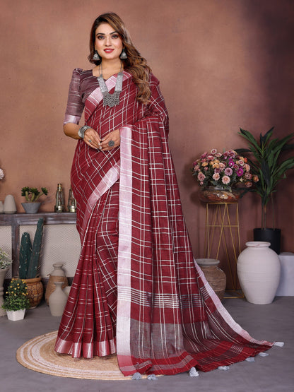 Anaita Maroon Weaving Linen Cotton Saree With Blouse