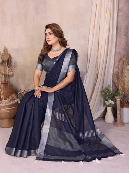 Anaita Teal Weaving Linen Cotton Saree With Blouse