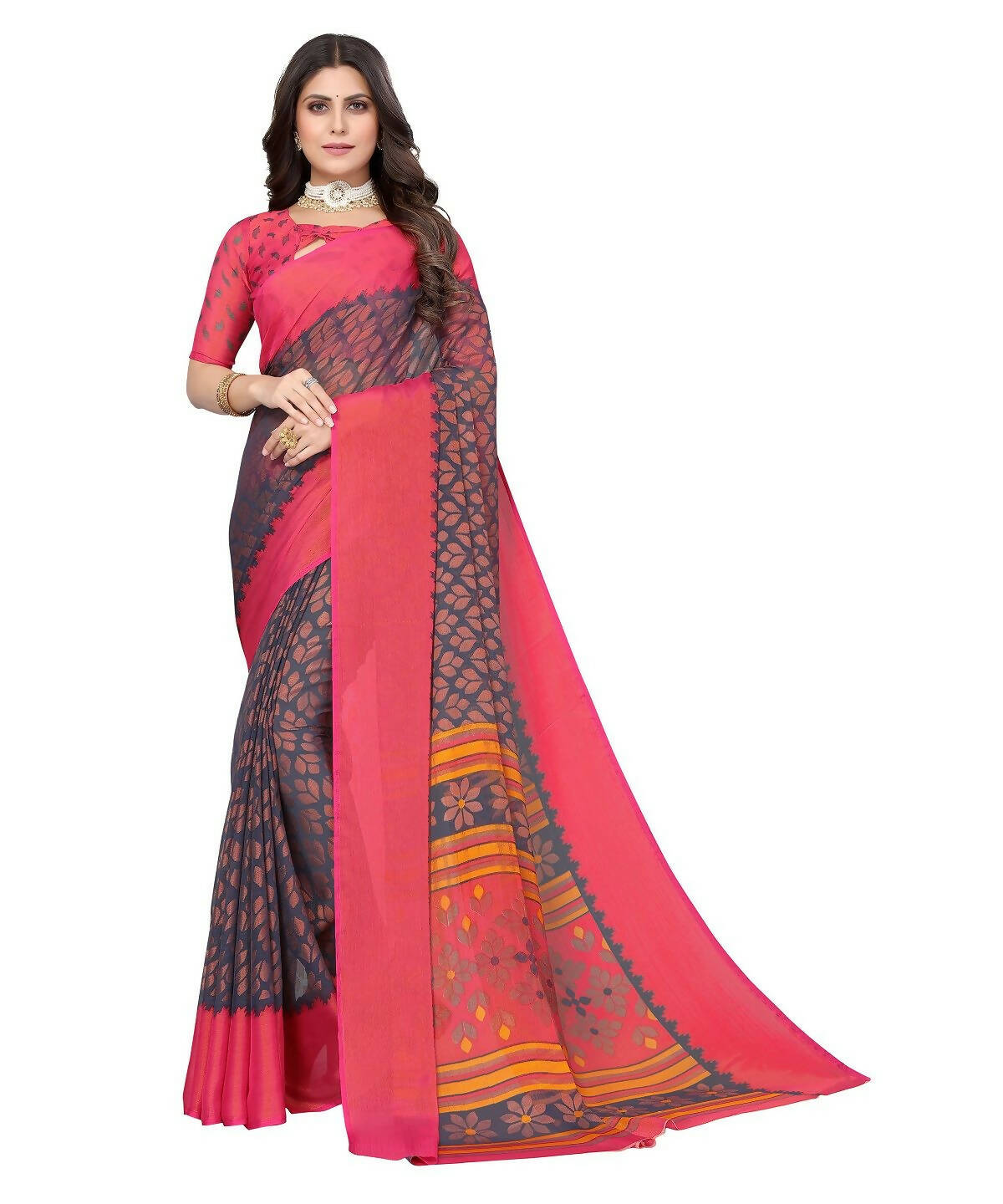 Vamika Grey Chiffon Brasso Bollywood Style Woven Saree (ALIZA GREY)