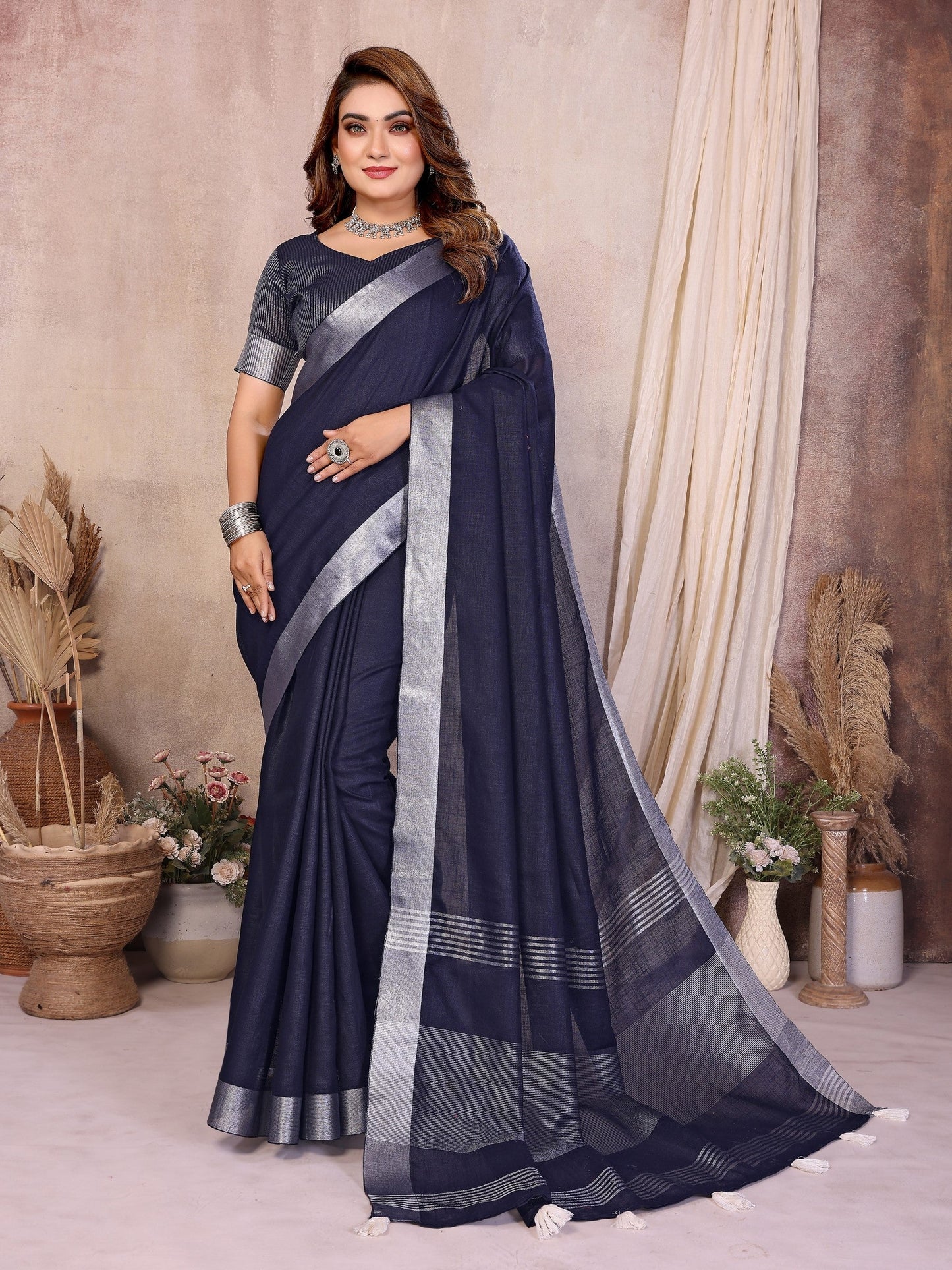 Anaita Teal Weaving Linen Cotton Saree With Blouse