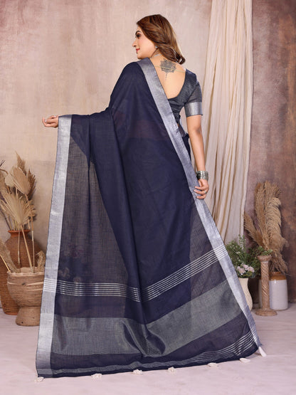 Anaita Teal Weaving Linen Cotton Saree With Blouse