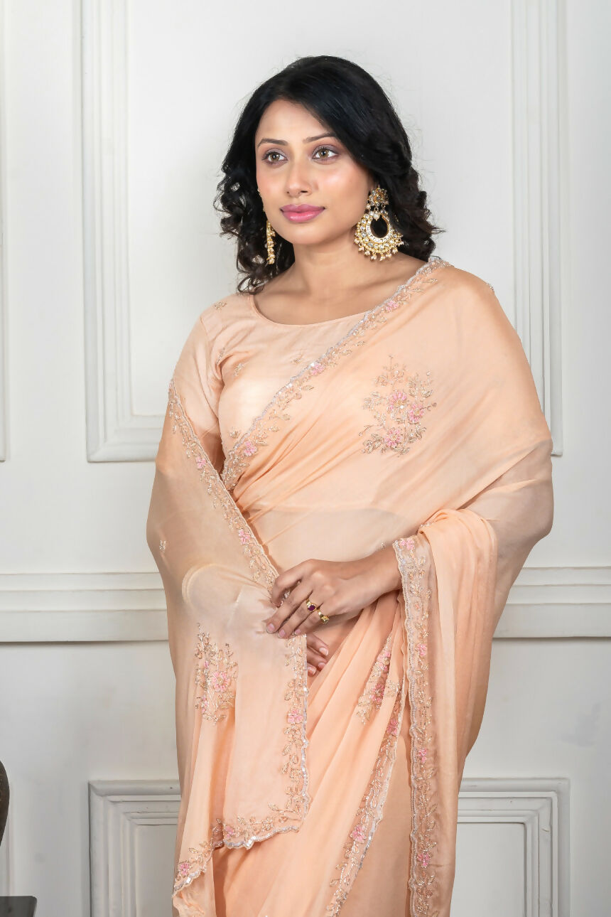 Morchari Beige Chiffon Hand Embroidery Saree And Stitched Blouse