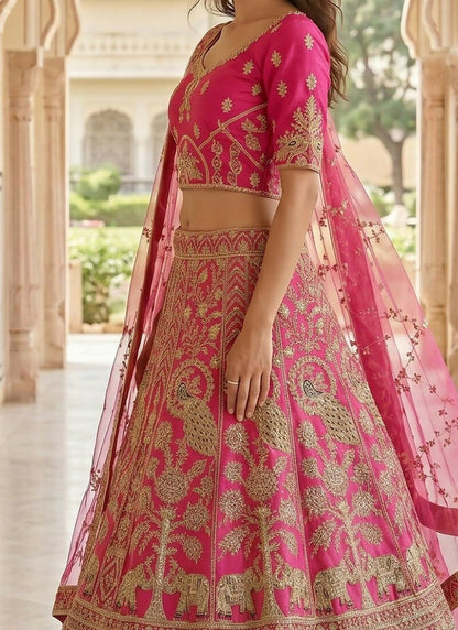 Lehenga Mart Pink Heavy Silk With Fusing Designer Bollywood Style Wedding Wear Lehenga Choli