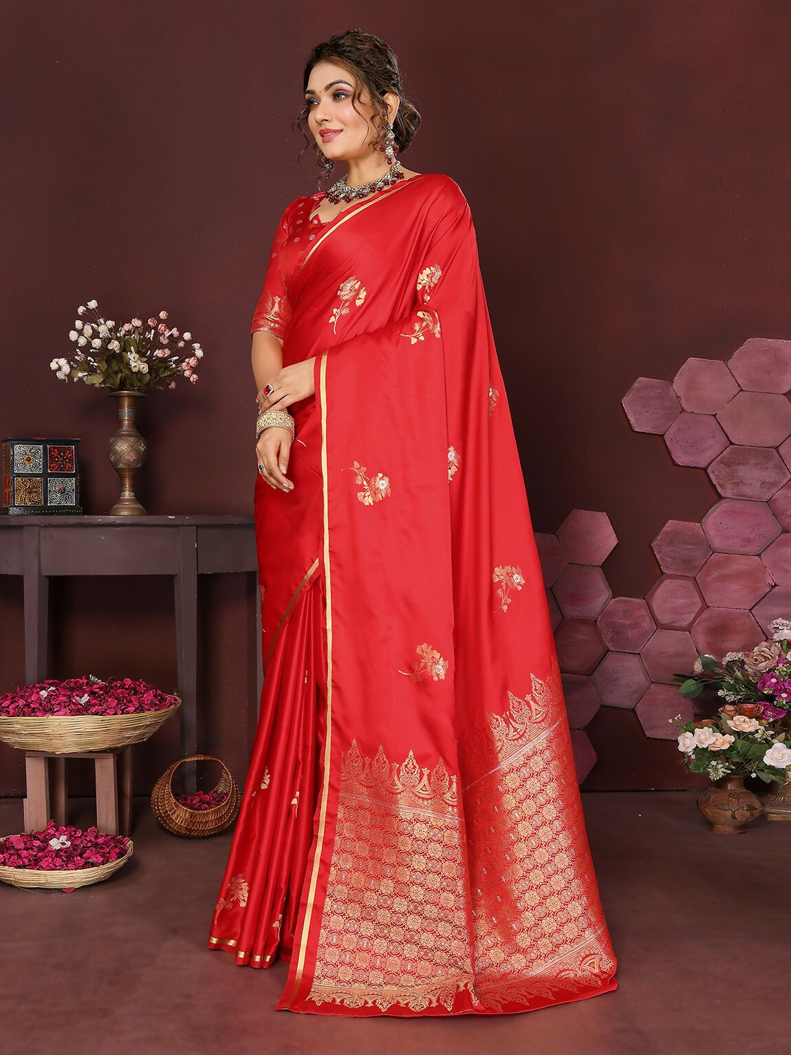 Joban Fashion Red Floral Banarasi Silk Sarees