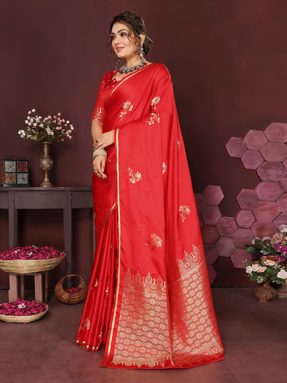 Joban Fashion Red Floral Banarasi Silk Sarees