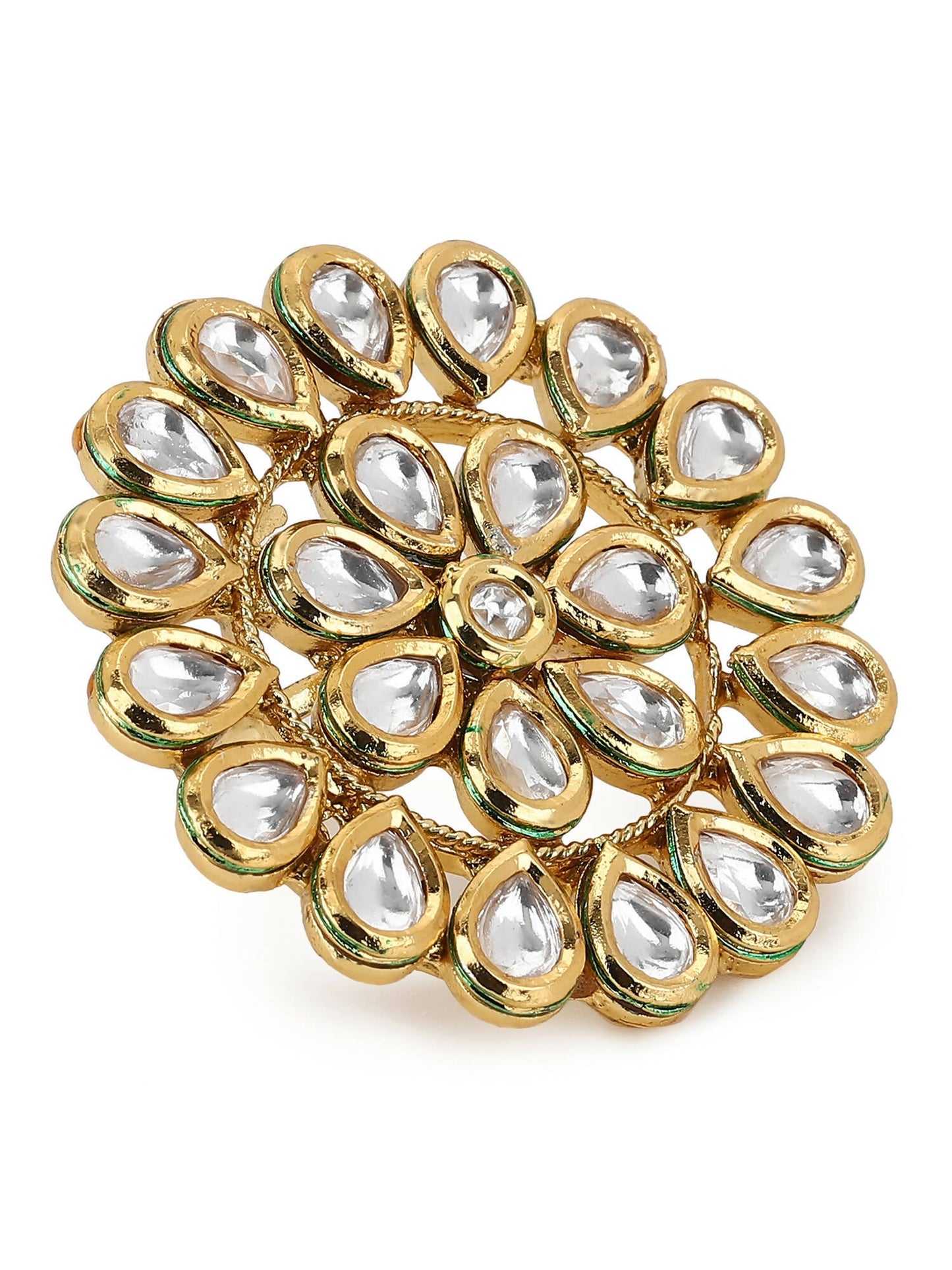 Gold-Polished White Kundan-Studded Adjustable Finger Ring - Ruby Raang