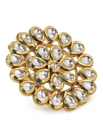 Gold-Polished White Kundan-Studded Adjustable Finger Ring - Ruby Raang