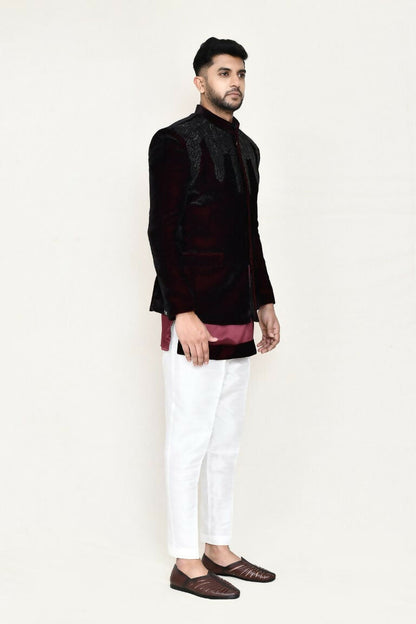 Joban Fashion Maroon Colored Satin Silk Fabric Open Prince Coat, Kurta With Straight Fit Pant