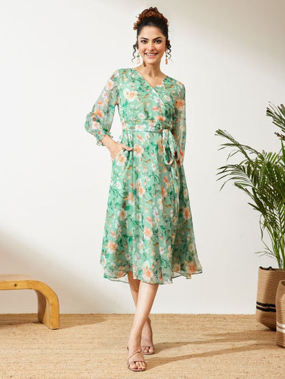 Janasya Mint Fit & Flare Chiffon Dress