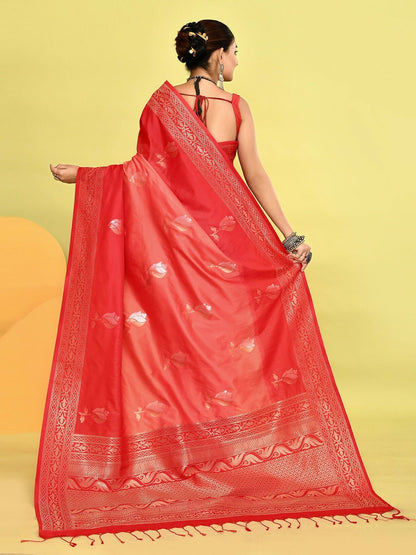 Joban Fashion Peach & Red Plain With Weaving Border Banarasi Silk Sarees