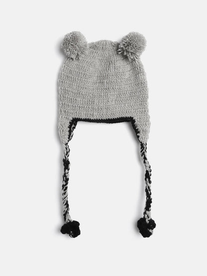 Chutput Kids Woollen Hand Knitted Kuala Bear Detail Cap - Grey