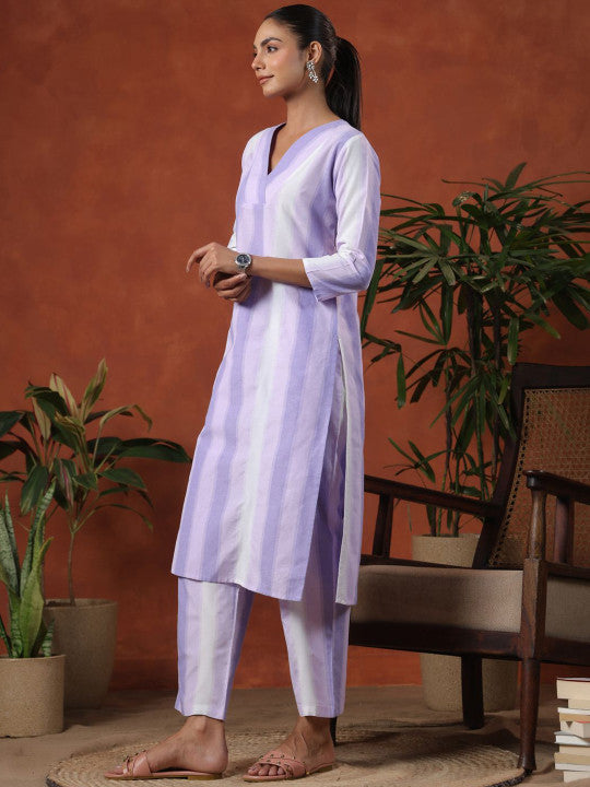 Anayna Striped V-Neck Pure Cotton Straight Kurta With Trousers