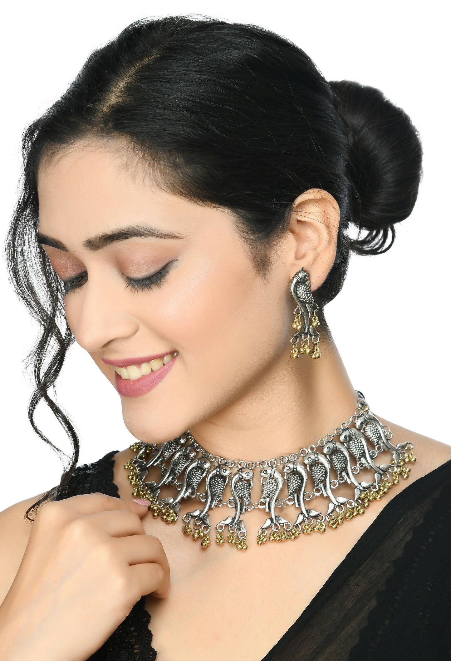 Mominos Fashion Johar Kamal Oxidised Silver-Plated Brass Finish Peacock Choker For Women (Silver/Golden)