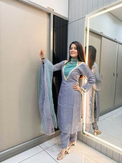 Anaita Blue Roman Shimmer Readymade Kurti Set with Designer Handwork