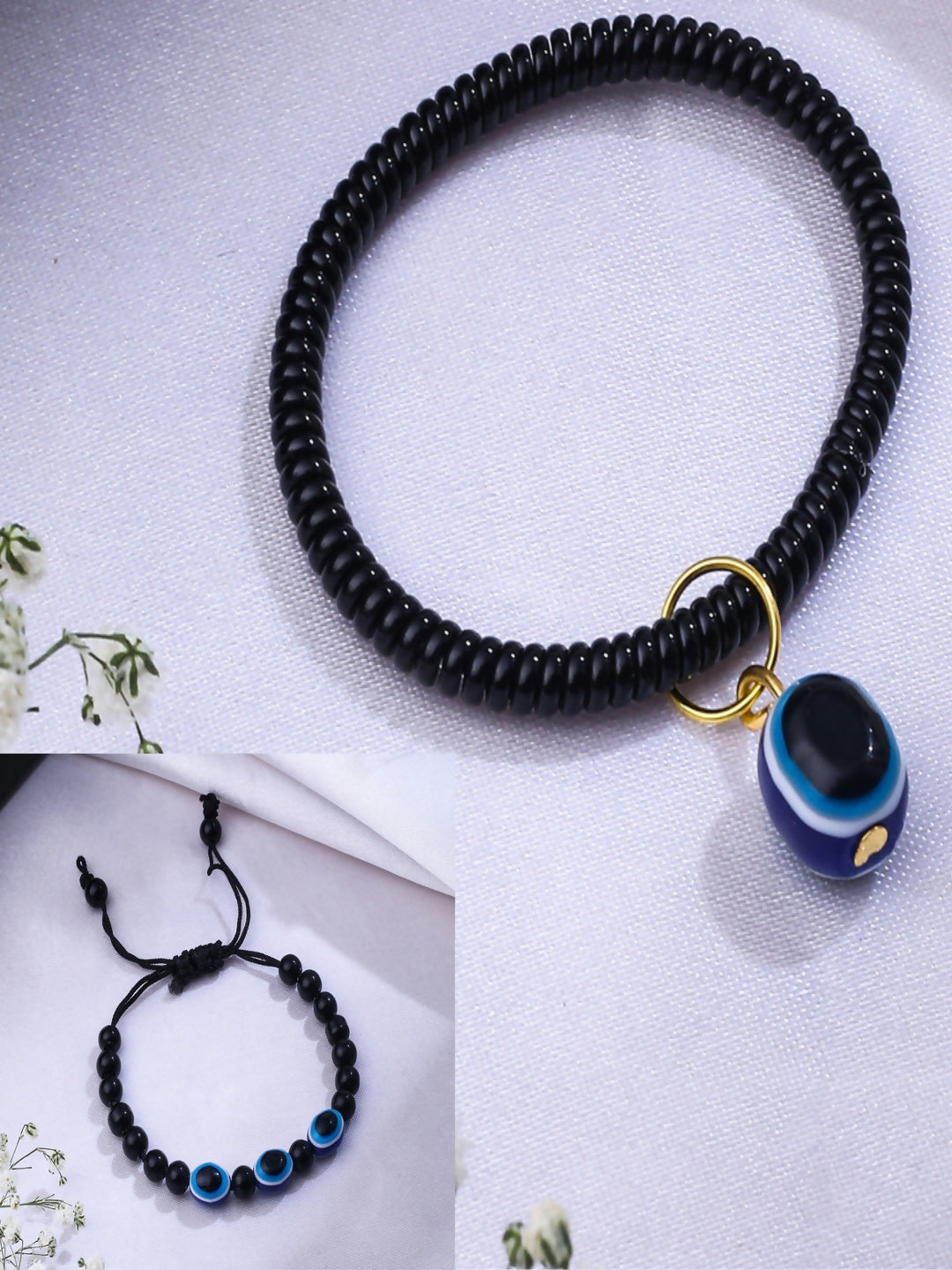 NVR Women & Men Set of 2 Black Evil Eye Rakhi With Roli Chawal