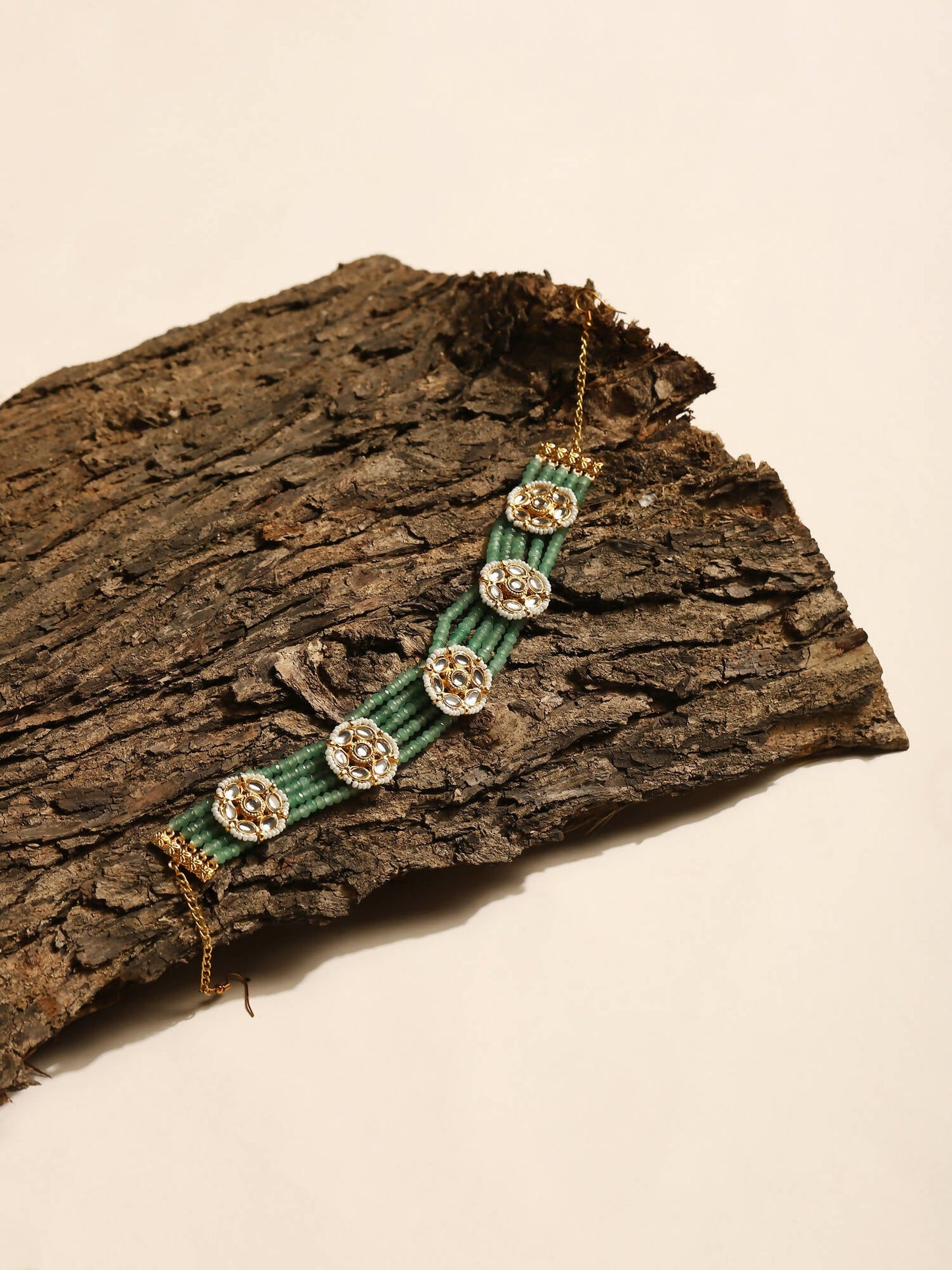 Gold-Polished Green Kundan Studded Headband - Ruby Raang