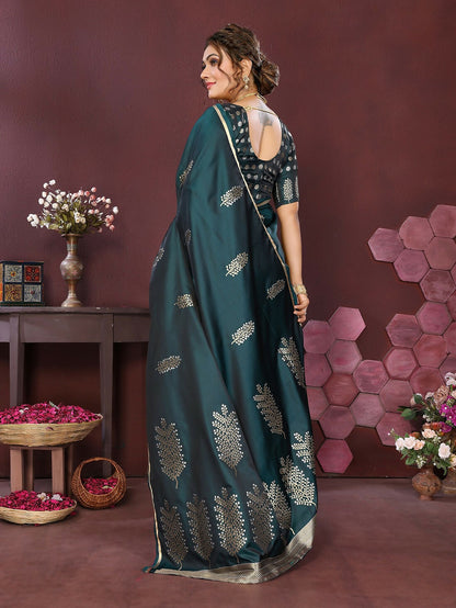 Joban Fashion Teal Floral Motifs Banarasi Silk Sarees
