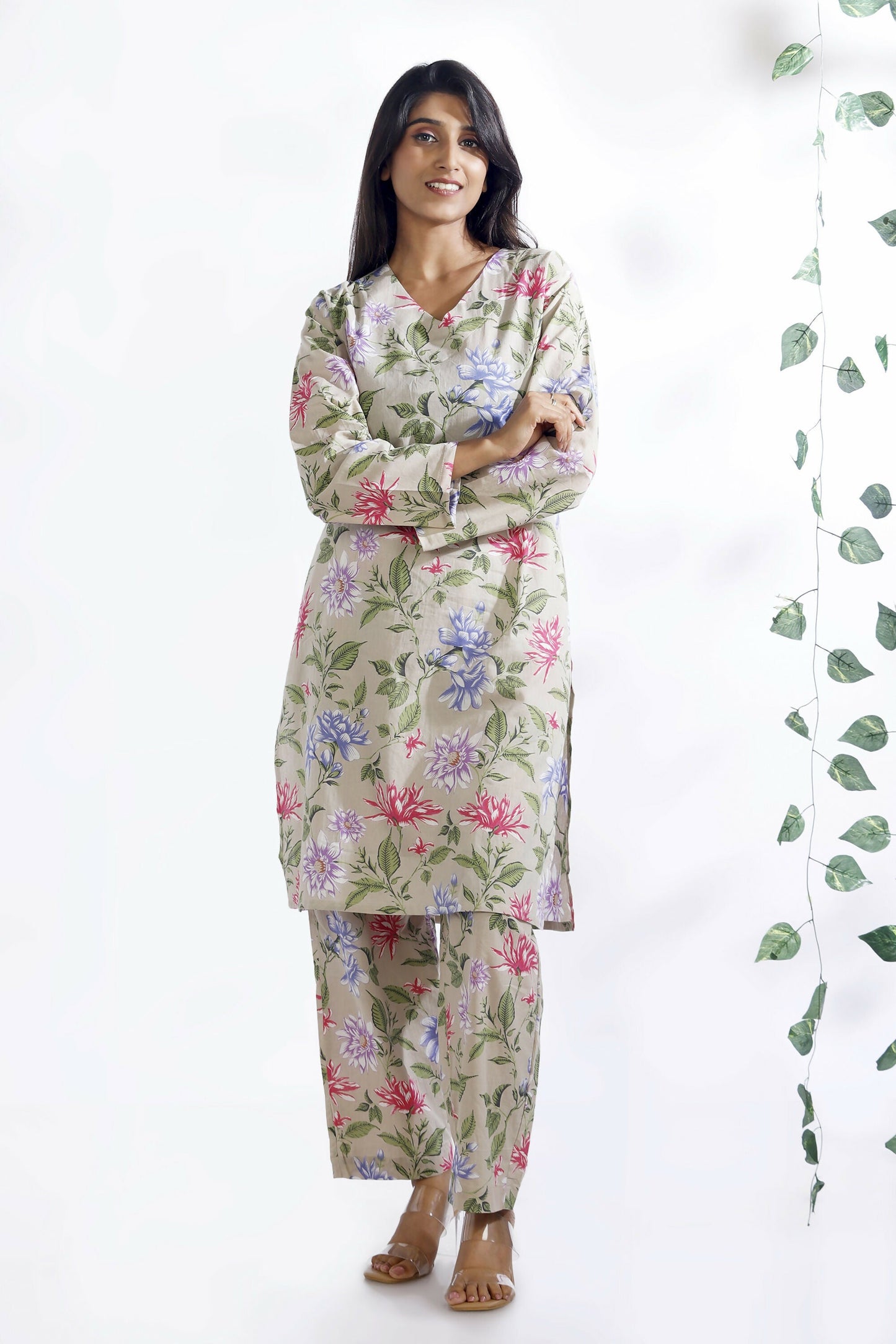 Breathables Women’S Loungewear Long Kurta Co-Ord Set Cotton Cream Floral Print