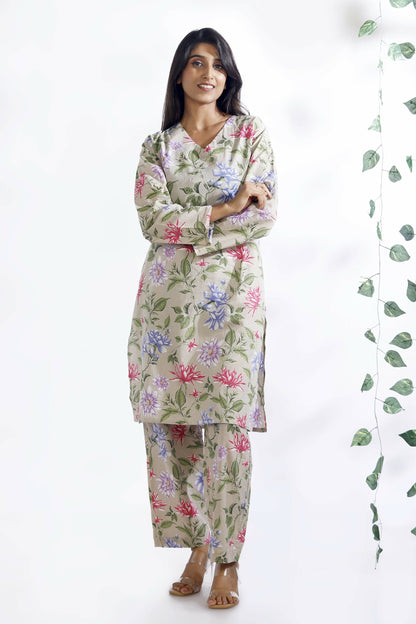 Breathables Women’S Loungewear Long Kurta Co-Ord Set Cotton Cream Floral Print