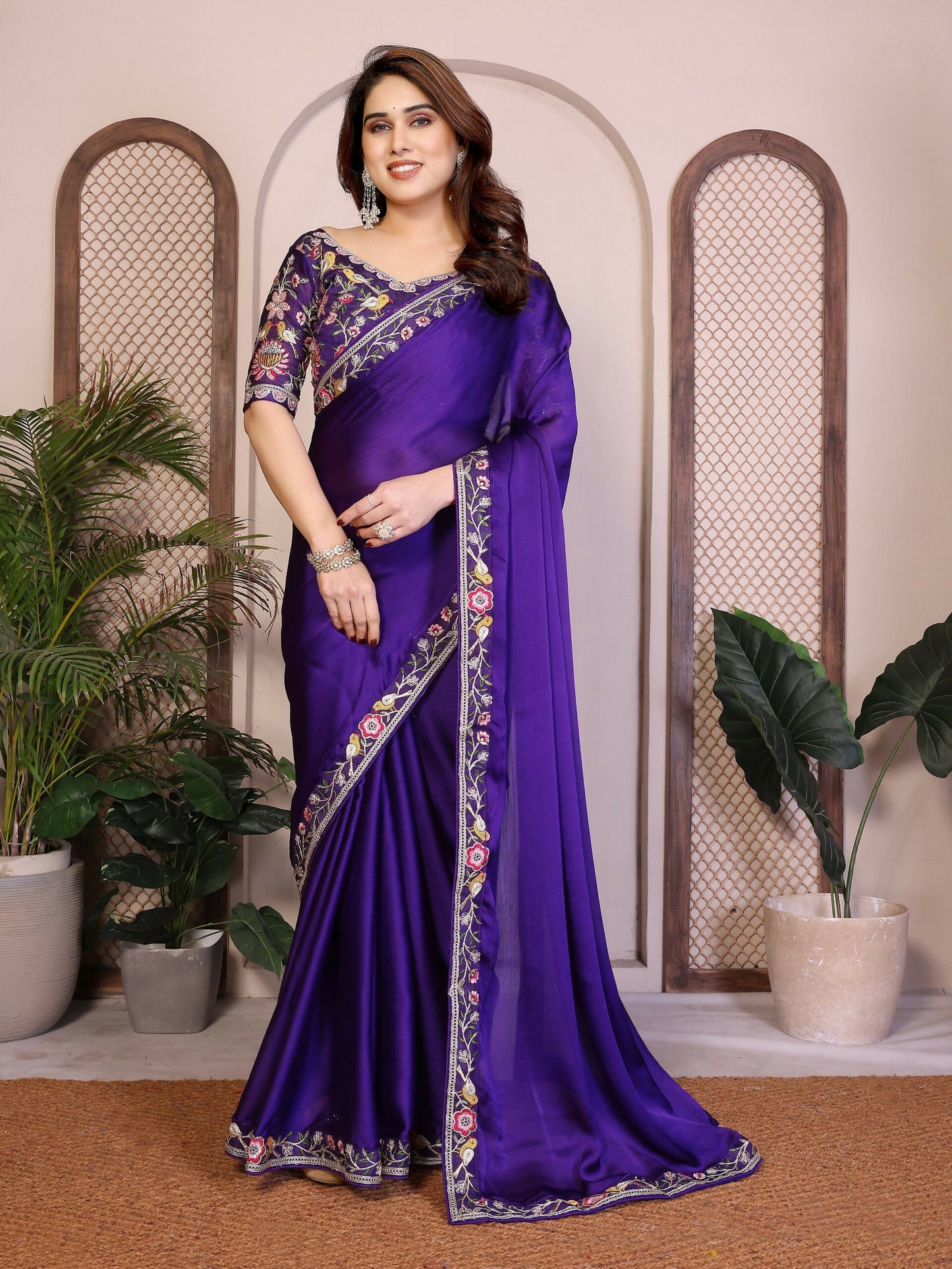 Teeya Creation New Trendy Party Wear Soft Satin Chiffon Saree-Purple