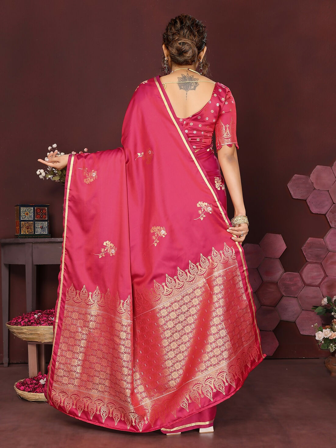 Joban Fashion Pink Floral Banarasi Silk Sarees