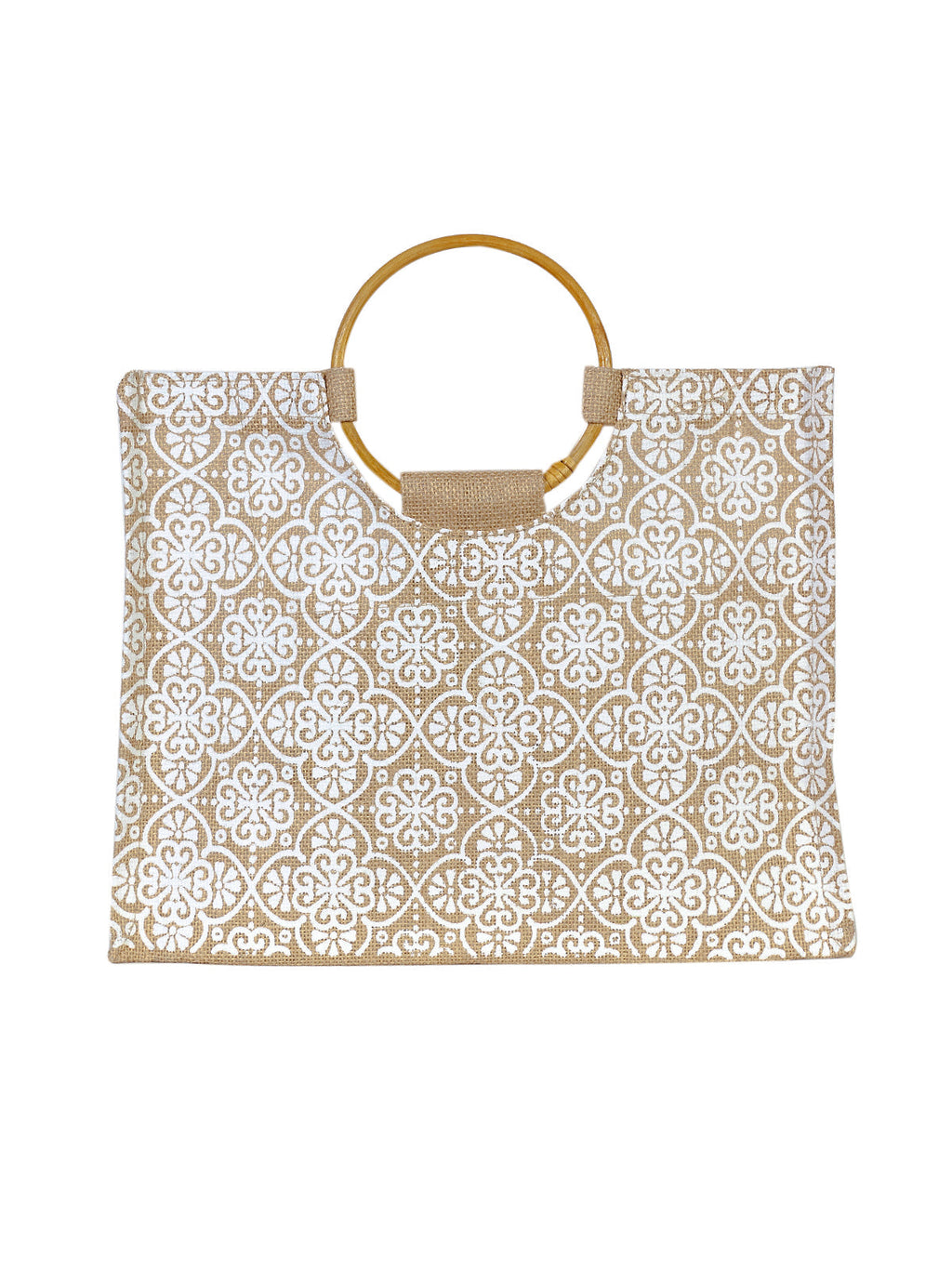Jute Cottage Mughal Print Lunch Bag Cane Handle 100% Genuine Jute Bag