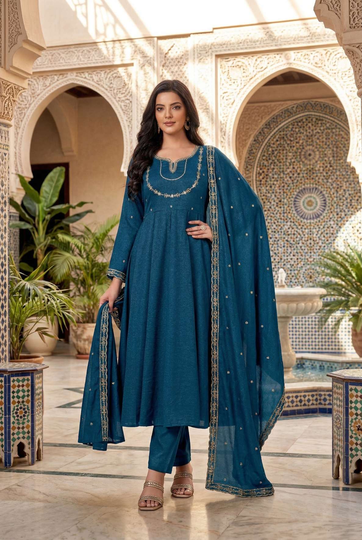 Anaita Blue Anarkali Readymade Suit with Embroidery Work