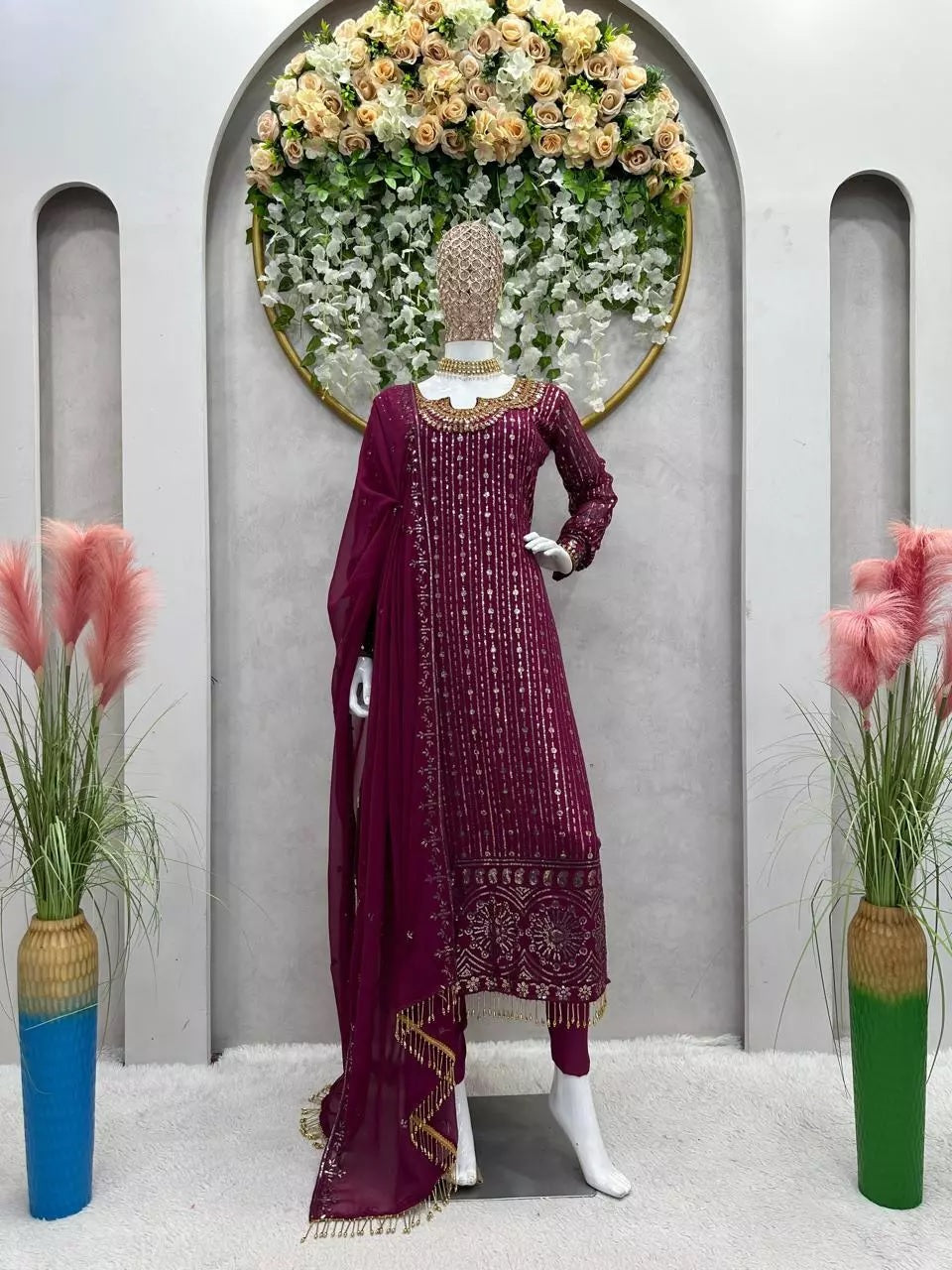 Georgette Function Style Top Pant With Dupatta Set