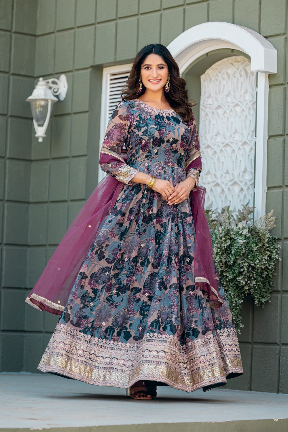 Anaita Grey Tabby Silk Stitched Anarkali Suit With Thread & Sequence Work