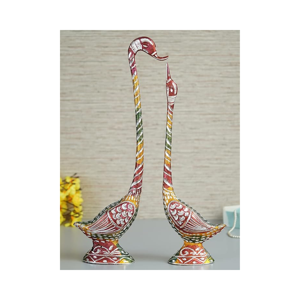 Ecraftindia Colorful Metal Handcrafted Kissing Swan Couple Statues Swan Showpieces Love Bird Figurines