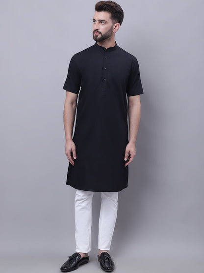 Even Apparels Black Pure Cotton Short Sleeves Kurta With Band Collar