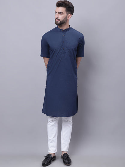 Even Apparels Blue Pure Cotton Short Sleeves Kurta With Band Collar