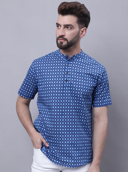Even Apparels Blue Pure Cotton Short Kurta With Band Collar