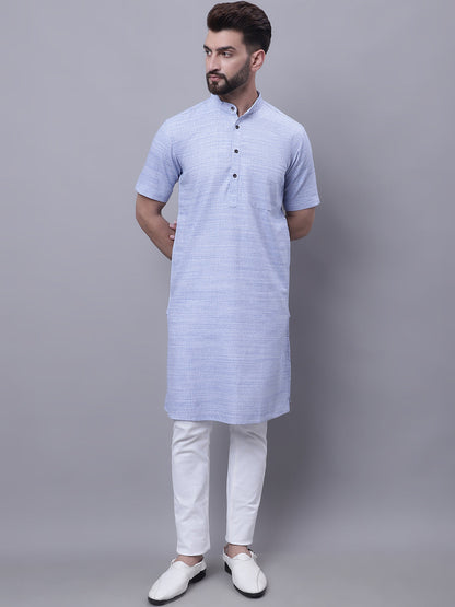Even Apparels Blue Pure Cotton Short Sleeves Kurta With Band Collar